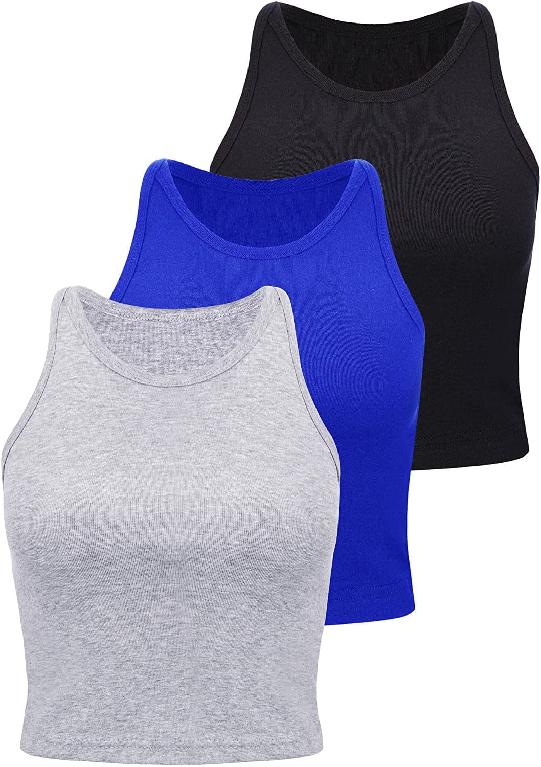 3 Pieces Crop Tops Racerback Crop for Women Crop Tank Workout Tops Cotton Basic Sports Crop for Lady Girls Black, Royal Blue, Light Grey / Large