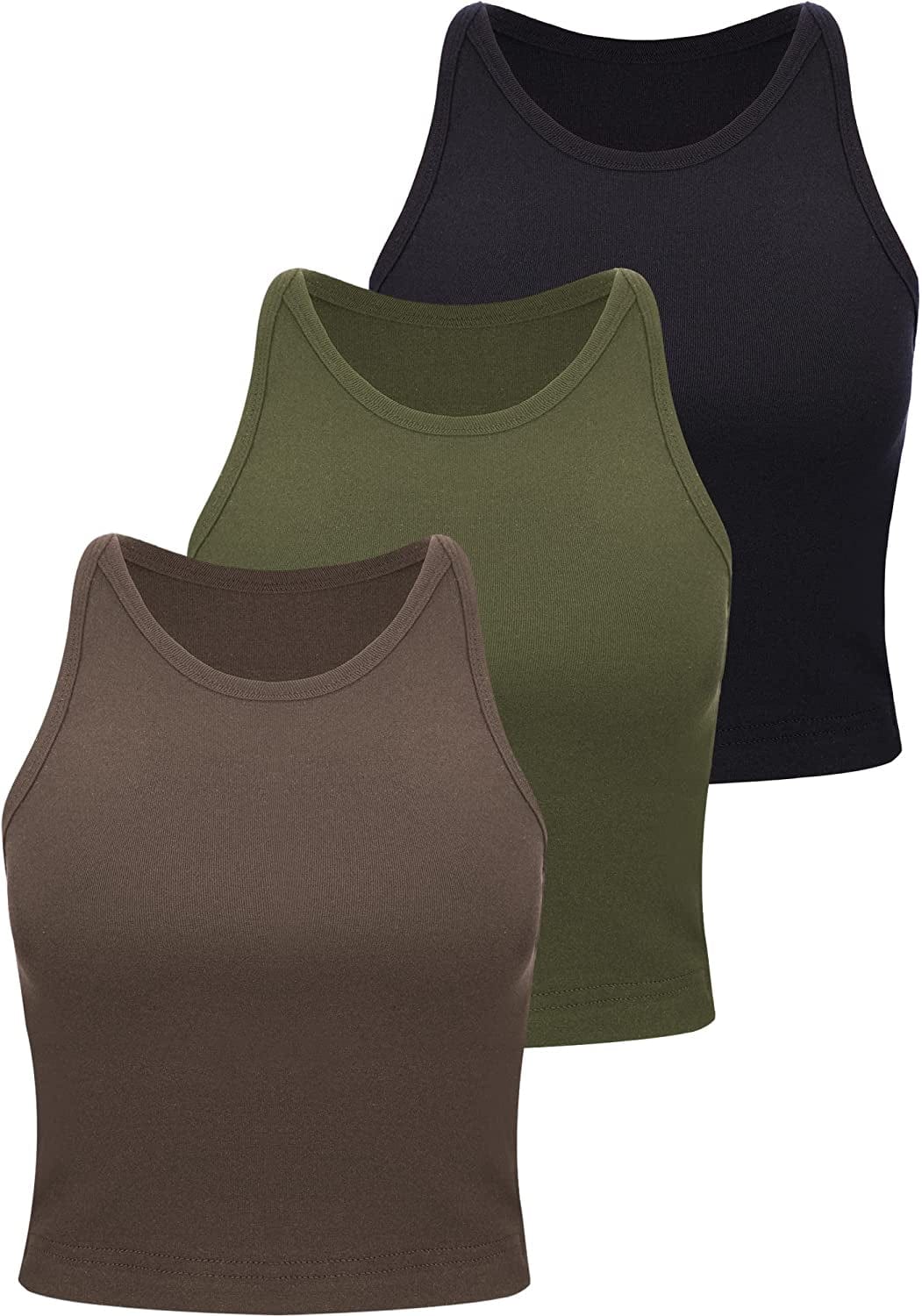 3 Pieces Crop Tops Racerback Crop for Women Crop Tank Workout Tops Cotton Basic Sports Crop for Lady Girls Black, Dark Green, Coffee / Large