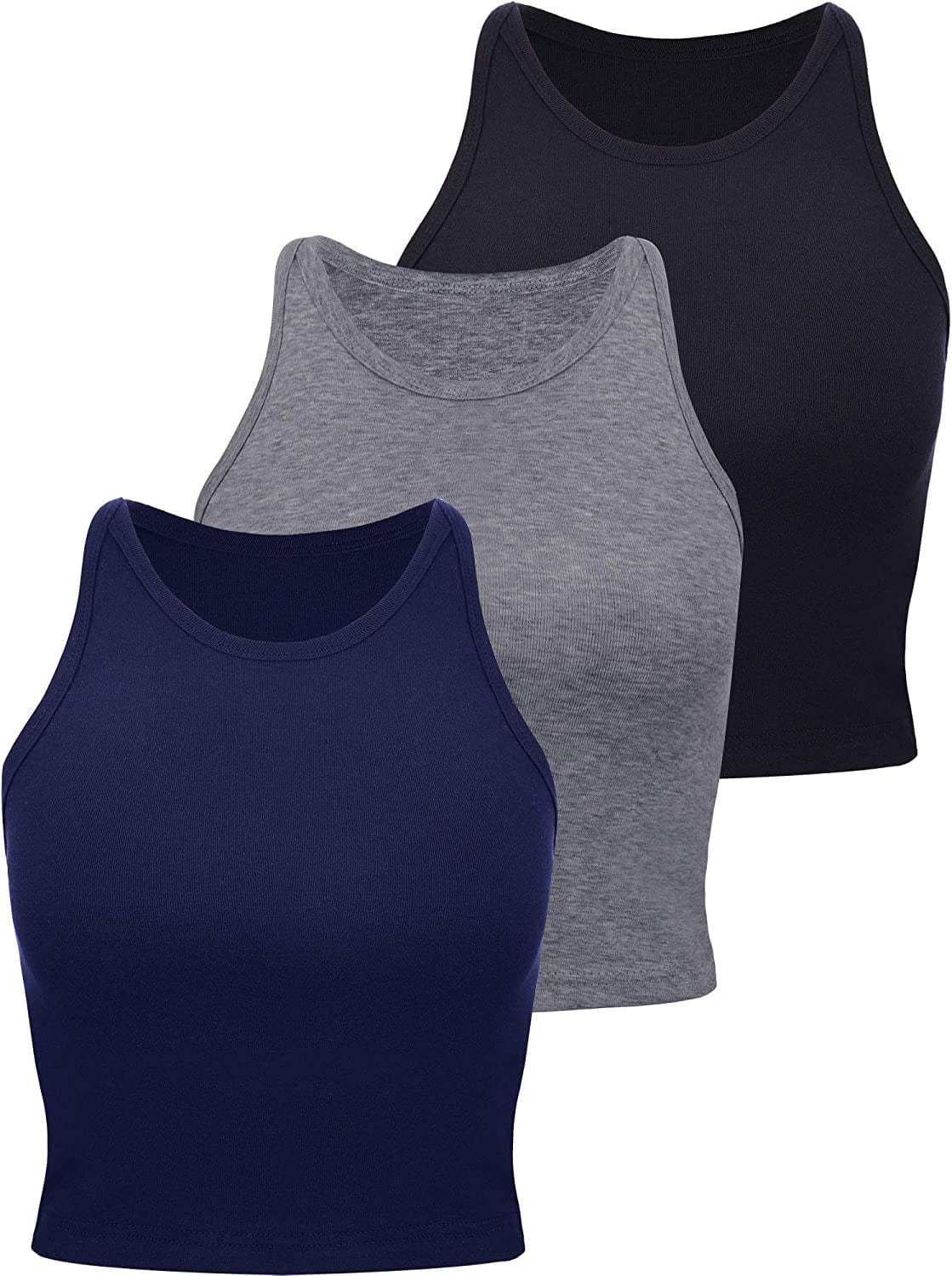 3 Pieces Crop Tops Racerback Crop for Women Crop Tank Workout Tops Cotton Basic Sports Crop for Lady Girls Black, Dark Grey, Navy Blue / Large