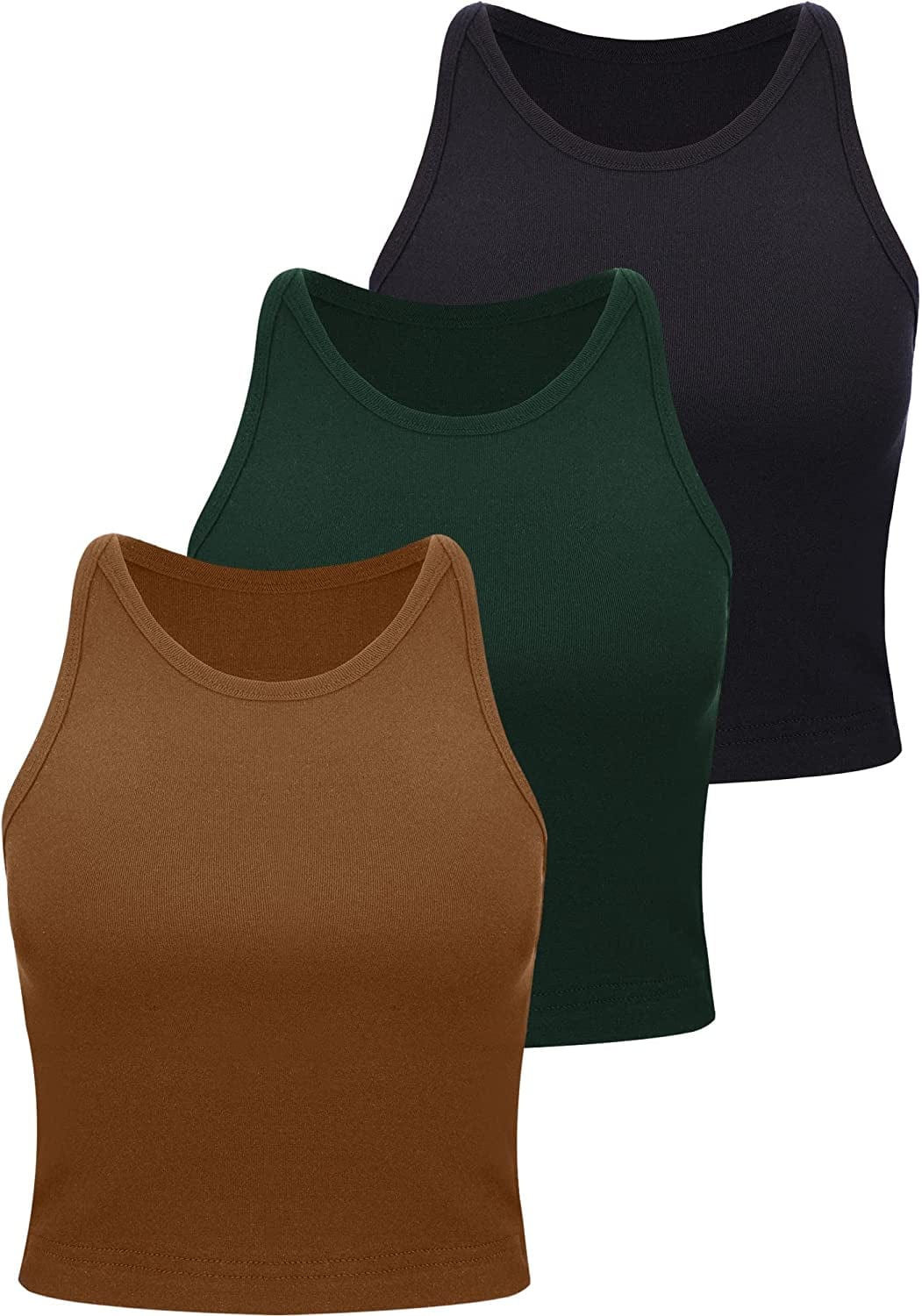3 Pieces Crop Tops Racerback Crop for Women Crop Tank Workout Tops Cotton Basic Sports Crop for Lady Girls Deep Green, Black, Chocolate / Large