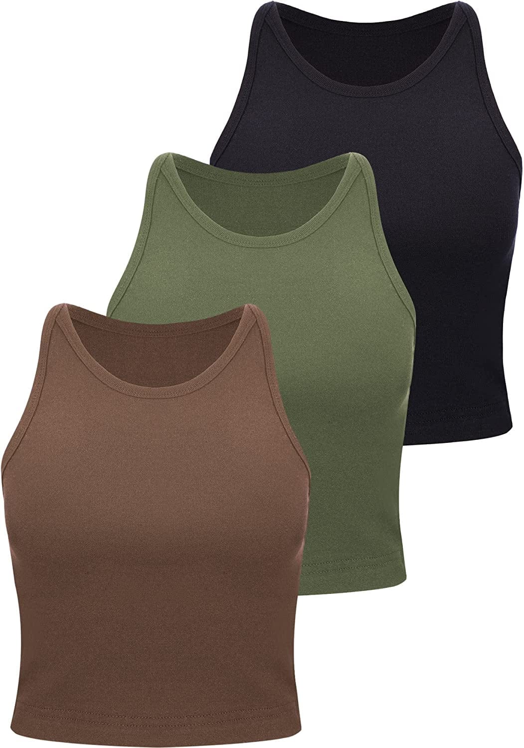 3 Pieces Crop Tops Racerback Crop for Women Crop Tank Workout Tops Cotton Basic Sports Crop for Lady Girls Black, Dark Army Green, Chocolate / Large