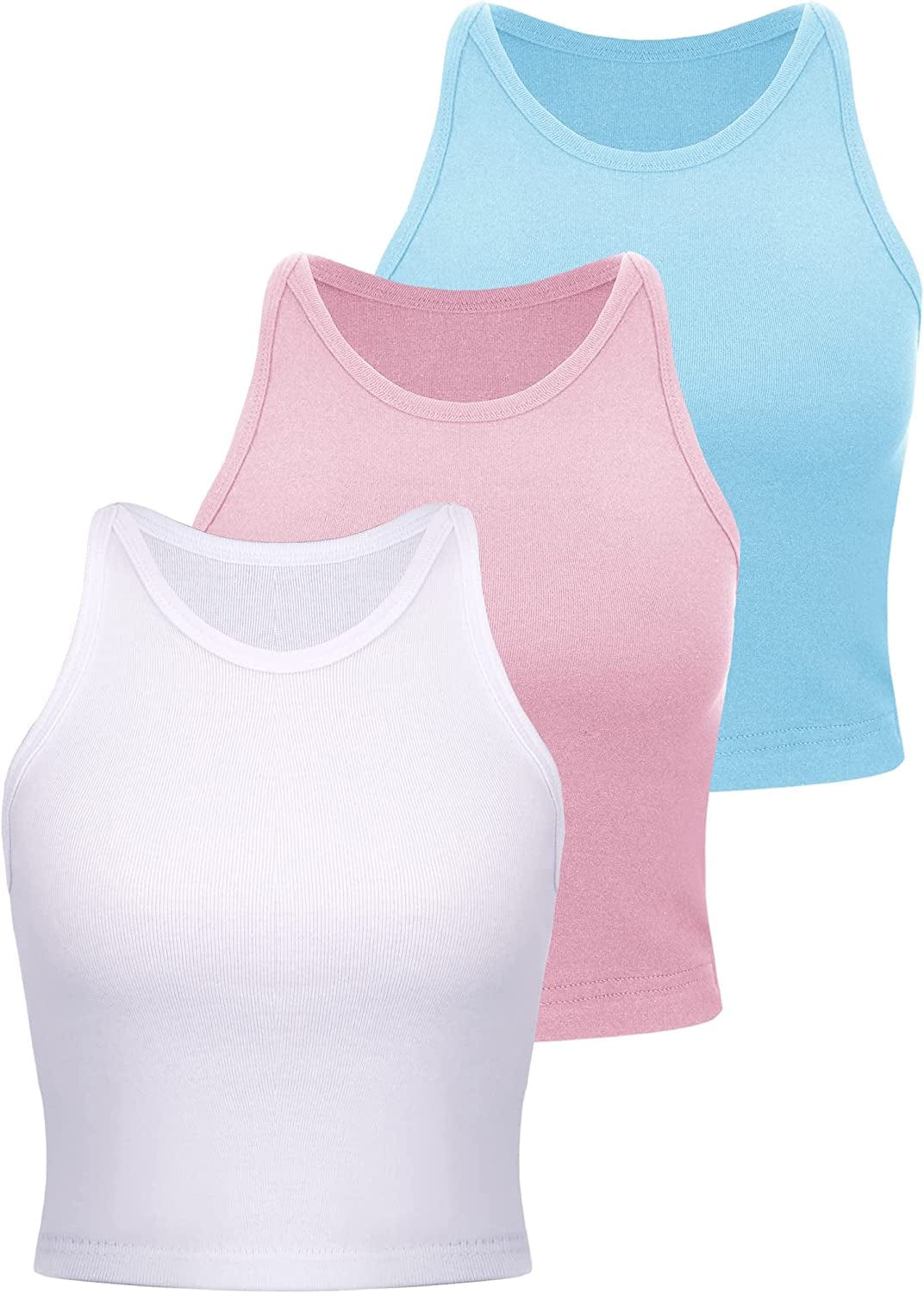 3 Pieces Crop Tops Racerback Crop for Women Crop Tank Workout Tops Cotton Basic Sports Crop for Lady Girls Light Blue, Pink, White / Large
