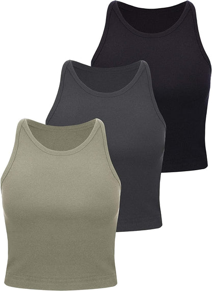 3 Pieces Crop Tops Racerback Crop for Women Crop Tank Workout Tops Cotton Basic Sports Crop for Lady Girls Black, Deep Grey, Olive / Large