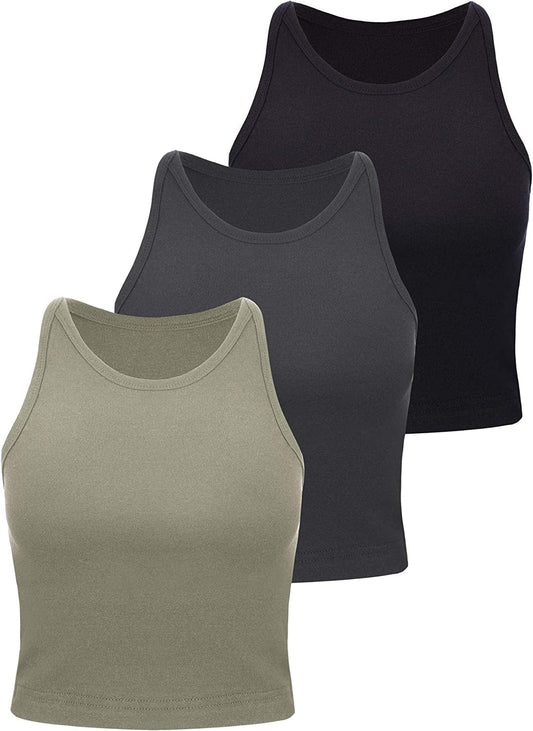 3 Pieces Crop Tops Racerback Crop for Women Crop Tank Workout Tops Cotton Basic Sports Crop for Lady Girls Black, Deep Grey, Olive / Large