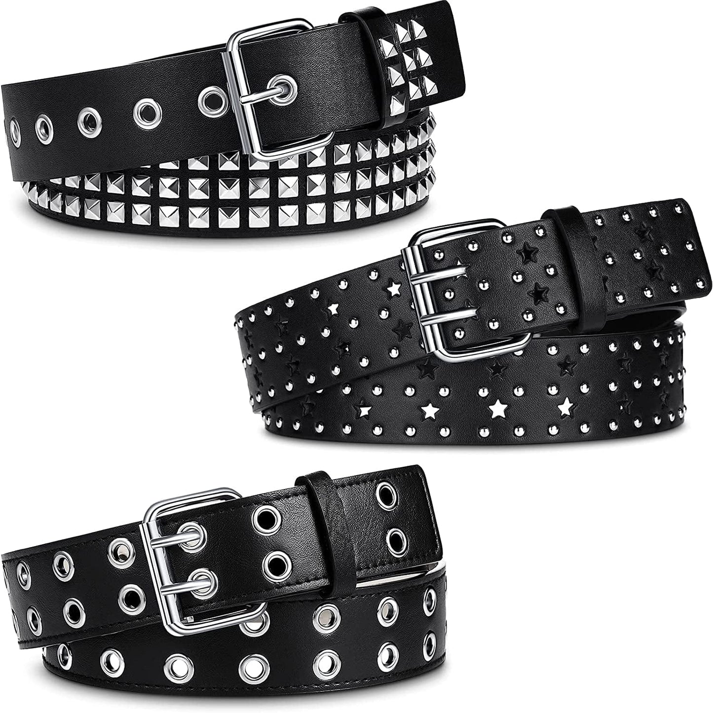 3 Pieces Grommet Belt Black Studded Faux Leather Belt Double Gothic Punk Belt for Women Men Apparel & Accessories > Clothing Accessories > Belts Syhood   