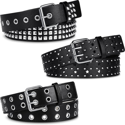 3 Pieces Grommet Belt Black Studded Faux Leather Belt Double Gothic Punk Belt for Women Men Apparel & Accessories > Clothing Accessories > Belts Syhood   