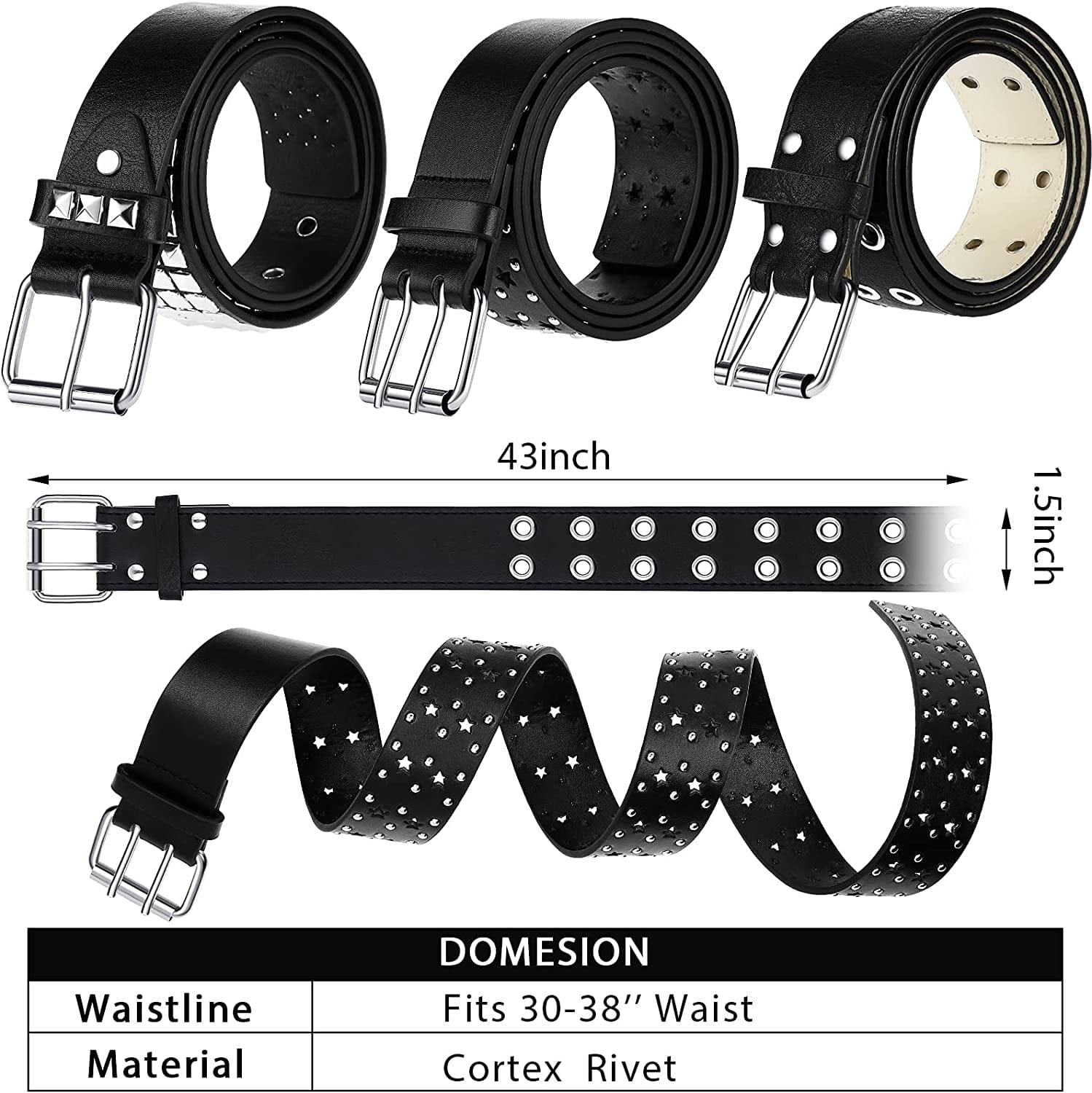 3 Pieces Grommet Belt Black Studded Faux Leather Belt Double Gothic Punk Belt for Women Men Apparel & Accessories > Clothing Accessories > Belts Syhood   