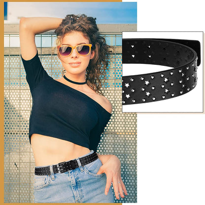 3 Pieces Grommet Belt Black Studded Faux Leather Belt Double Gothic Punk Belt for Women Men Apparel & Accessories > Clothing Accessories > Belts Syhood   
