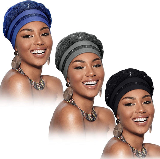 3 Pieces Head Wrap Turban Headwear Pre-Tied Twisted Braid Hair Cover Headwrap Hats for Women Girls Apparel & Accessories > Clothing Accessories > Headwear Sintege Black, Gray, Royal Blue Elegant Style 