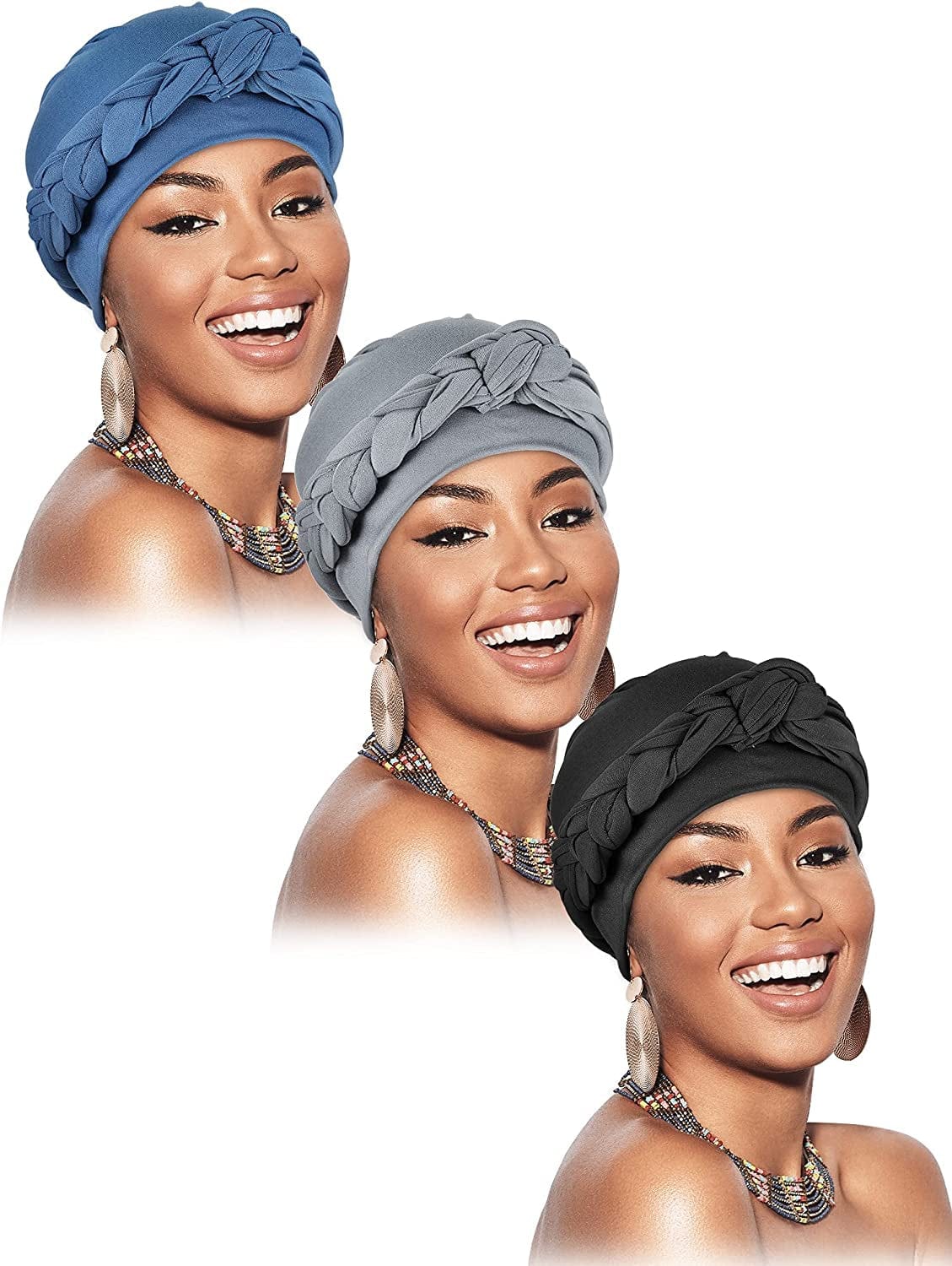 3 Pieces Head Wrap Turban Headwear Pre-Tied Twisted Braid Hair Cover Headwrap Hats for Women Girls Apparel & Accessories > Clothing Accessories > Headwear Sintege Black, Gray, Light Blue Class Style 