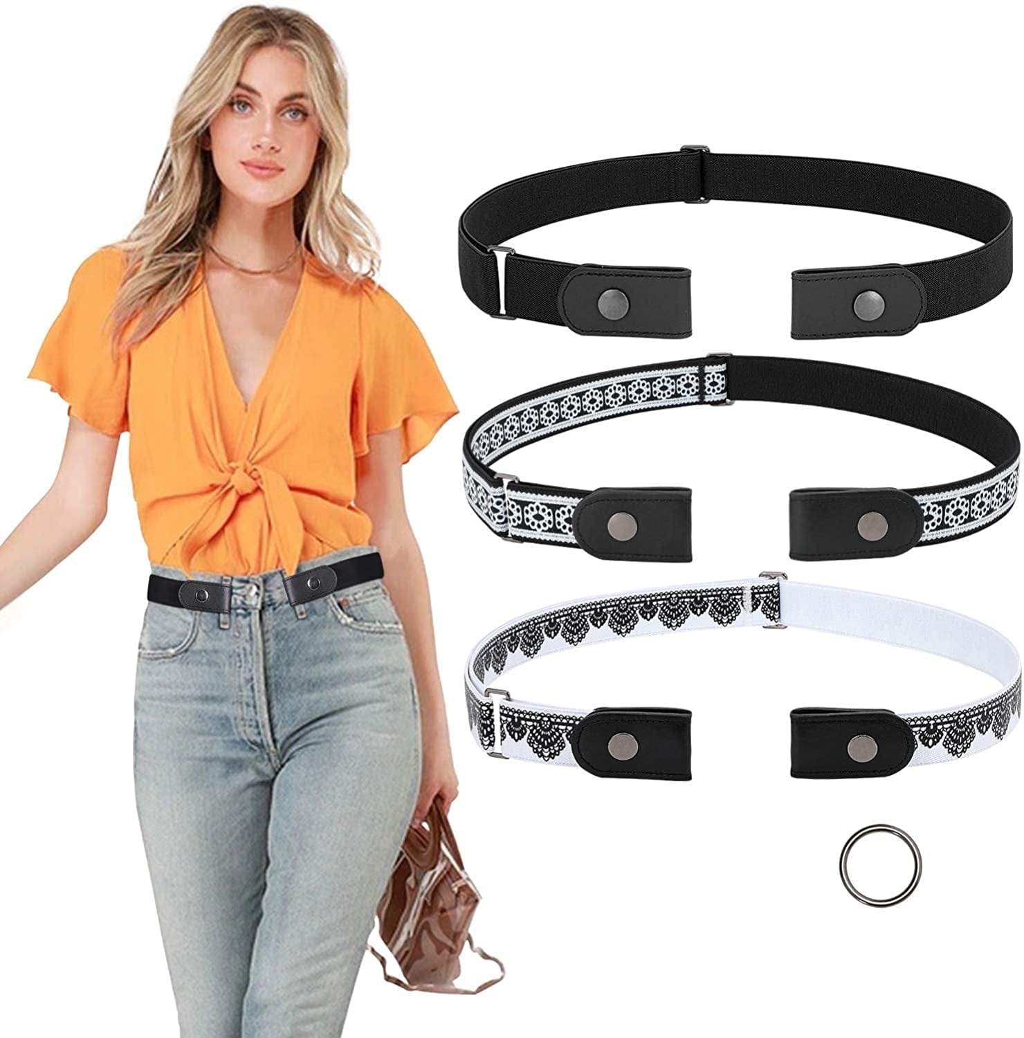 3 Pieces No Buckle Belts SUOSDEY Women Belt, Buckle Free Invisible Elastic Belt for Jeans Pants Apparel & Accessories > Clothing Accessories > Belts SUOSDEY F: Black/Daisy/Crown Fit Pants Size 24"-33" 