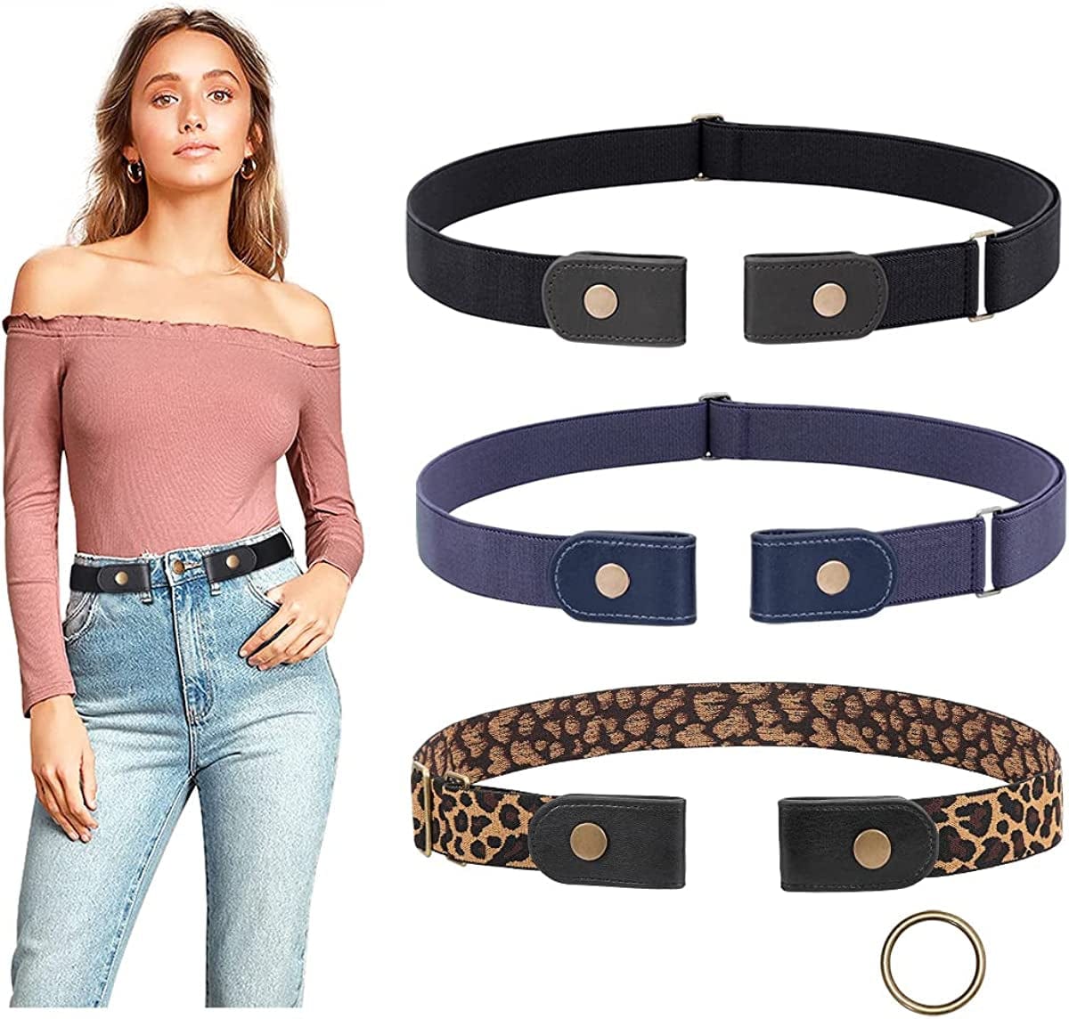 3 Pieces No Buckle Belts SUOSDEY Women Belt, Buckle Free Invisible Elastic Belt for Jeans Pants Apparel & Accessories > Clothing Accessories > Belts SUOSDEY E: Black/Blue/Leopard Fit Pants Size 24"-33" 