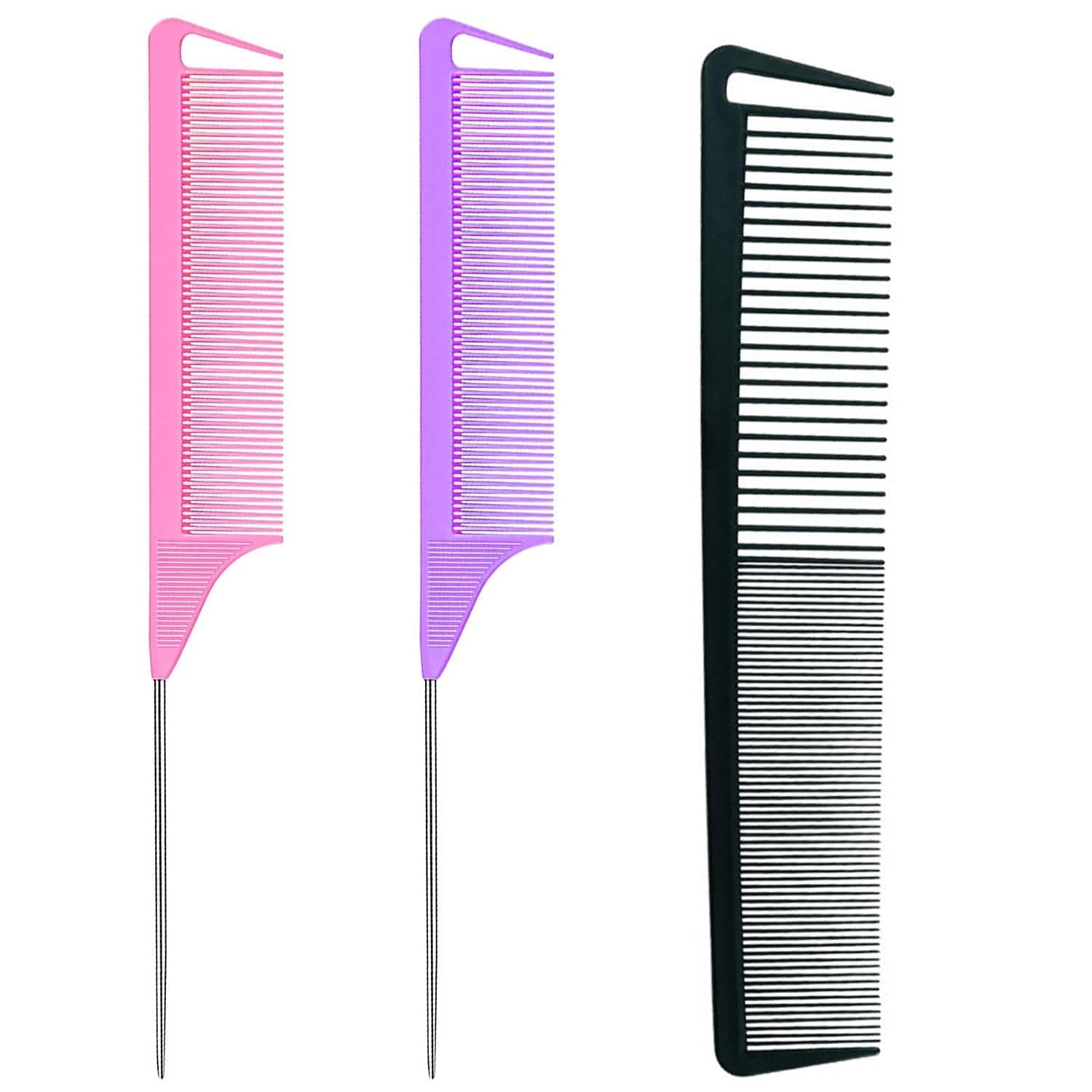 3 Pieces Rat Tail Comb Carbon Fiber Teasing Combs Parting Braids Comb Stainless Steel Pintail Comb Barber Styling Combs for Women Men Fine Teeth Salon Hairdressing Hair Care Tools Health & Beauty > Personal Care > Hair Care CROCOSTAR Black+Pink+Purple  