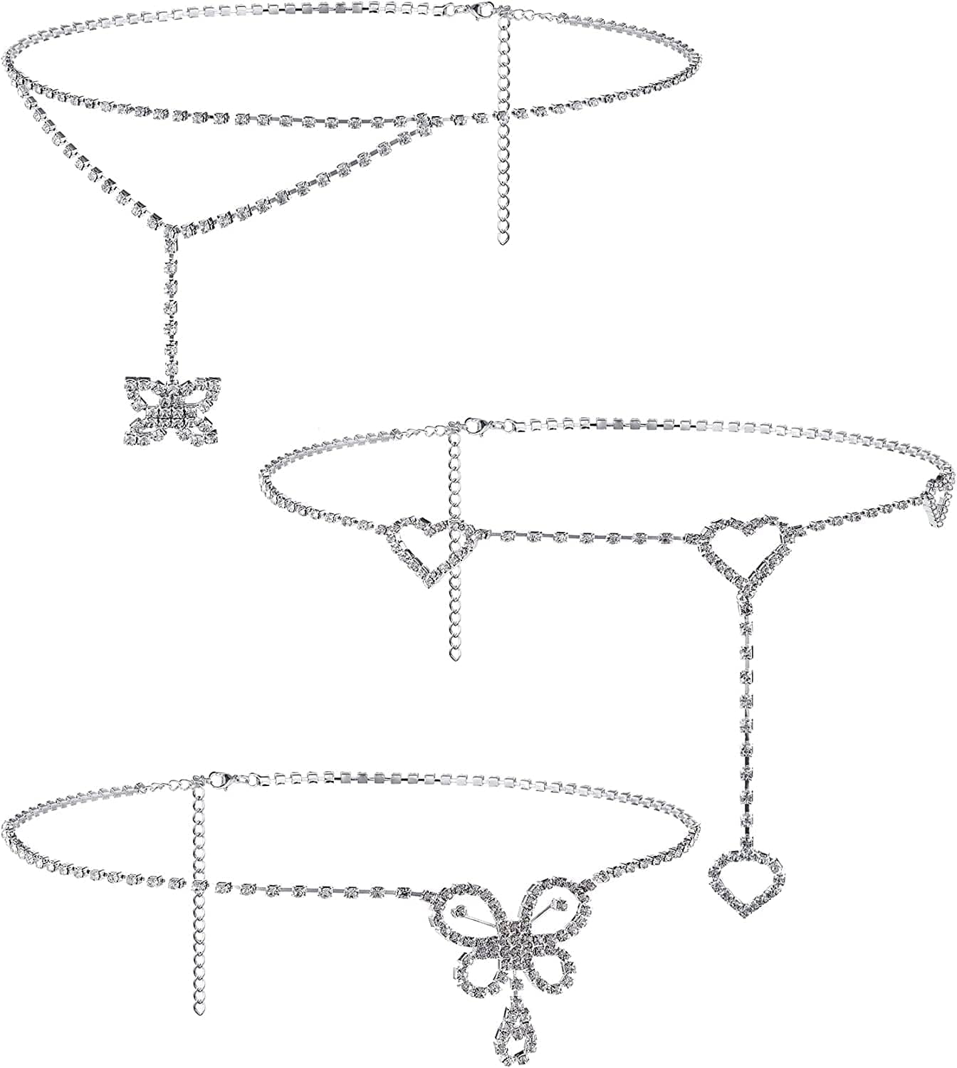 3 Pieces Rhinestone Waist Belly Chains for Women Diamond Heart Butterfly Waist Chain Crystal Jewelry Body Chain Summer Beach Body Accessories for Jewelry Girls Apparel & Accessories > Jewelry > Body Jewelry MTLEE   