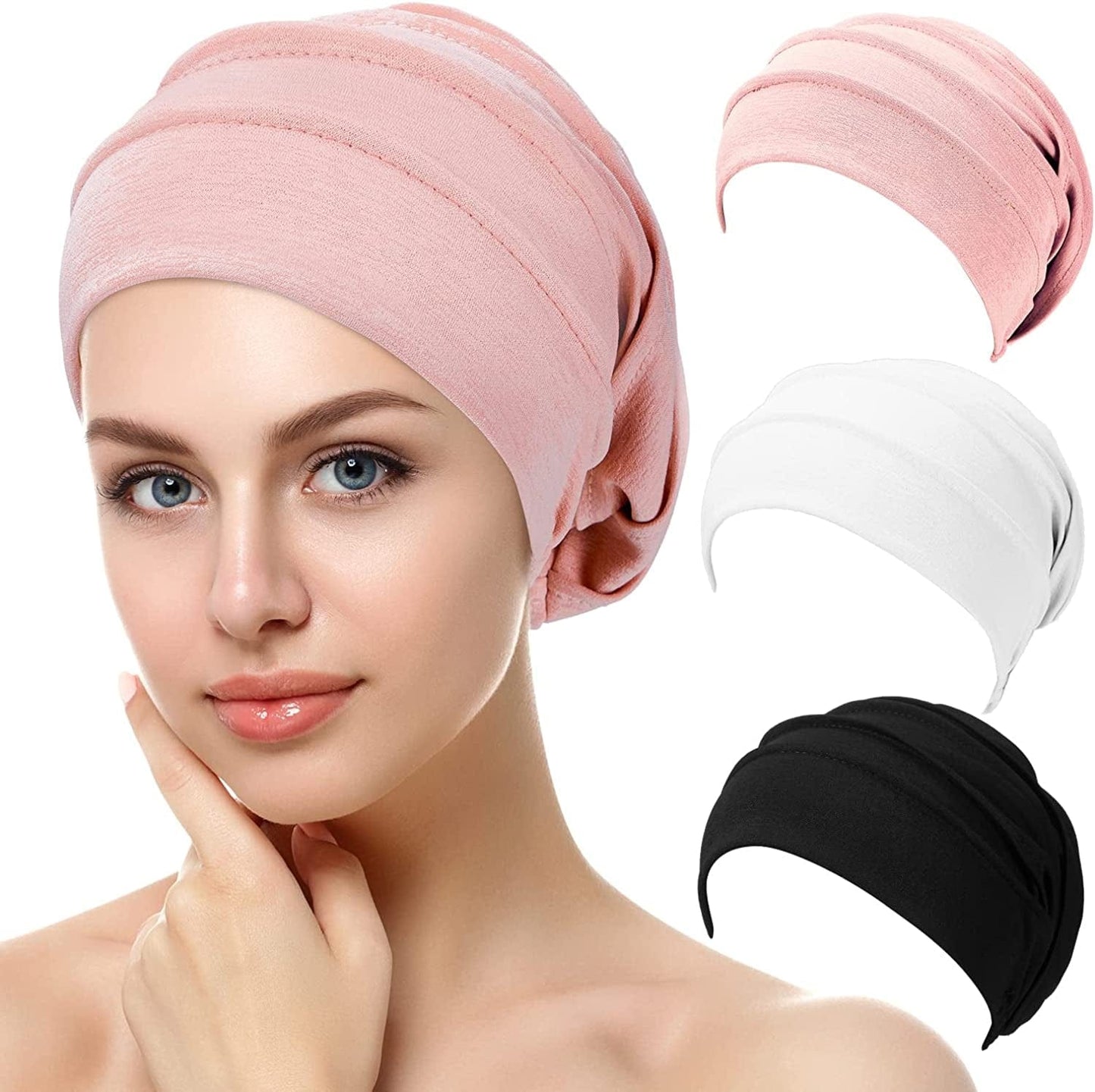 3 Pieces Slouchy Beanies Womens Headwear Sleeping Beanies Head Wrap Hat Soft Stretchy Elastic Headwear Apparel & Accessories > Clothing Accessories > Headwear Syhood Black, White, Pink  