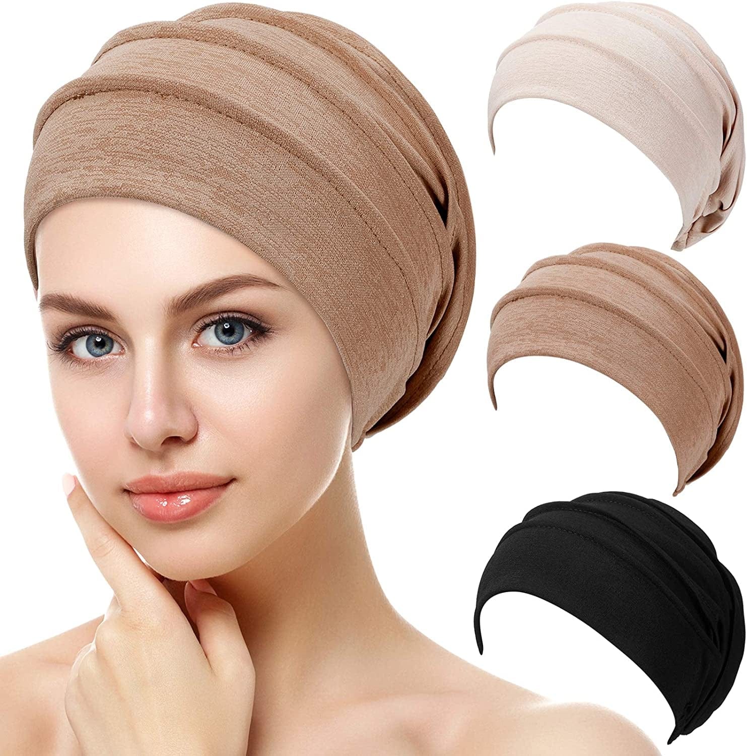 3 Pieces Slouchy Beanies Womens Headwear Sleeping Beanies Head Wrap Hat Soft Stretchy Elastic Headwear Apparel & Accessories > Clothing Accessories > Headwear Syhood Black, Brown and Beige  