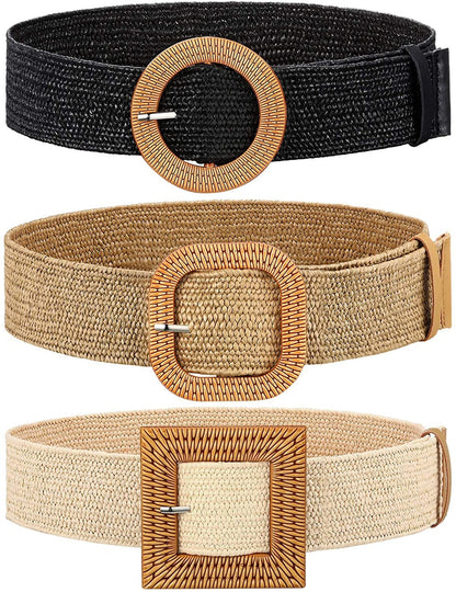 3 Pieces Straw Woven Elastic Waist Belt for Women Bohemian Dress Braided Belt Apparel & Accessories > Clothing Accessories > Belts Syhood Black, Khaki, Beige 96 cm 