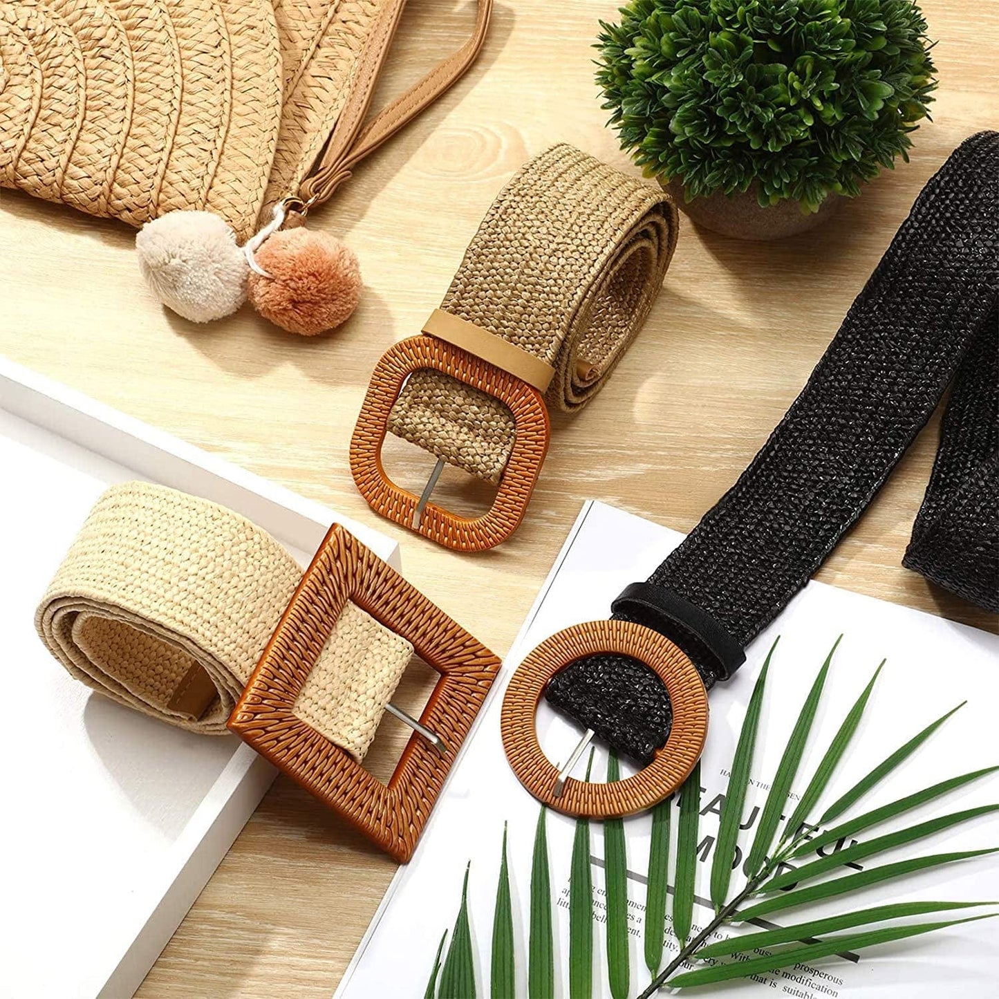 3 Pieces Straw Woven Elastic Waist Belt for Women Bohemian Dress Braided Belt Apparel & Accessories > Clothing Accessories > Belts Syhood   
