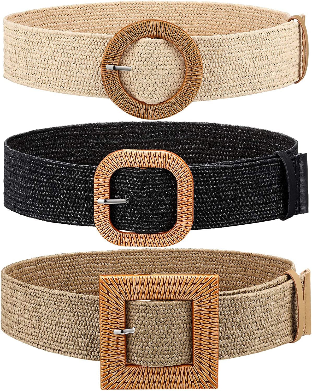 3 Pieces Straw Woven Elastic Waist Belt for Women Bohemian Dress Braided Belt Apparel & Accessories > Clothing Accessories > Belts Syhood Black, Khaki, Apricot 96 cm 