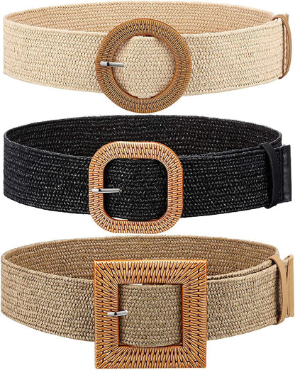 3 Pieces Straw Woven Elastic Waist Belt for Women Bohemian Dress Braided Belt Apparel & Accessories > Clothing Accessories > Belts Syhood Black, Khaki, Apricot 96 cm 