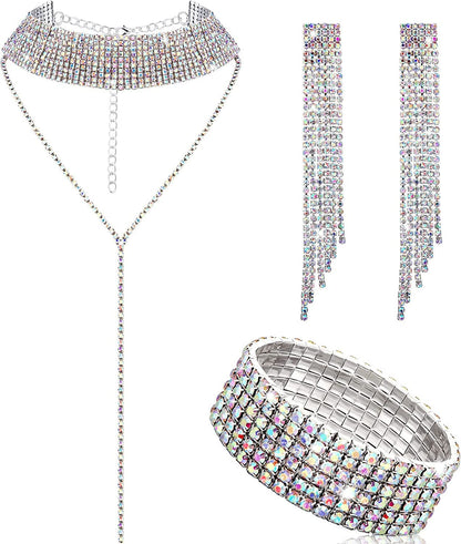 3 Pieces Women Rhinestone Jewelry Set Rhinestone Tassel Choker Necklace Fringe Bracelet Crystal Dangling Earring for Wedding Bridal Party AB Color