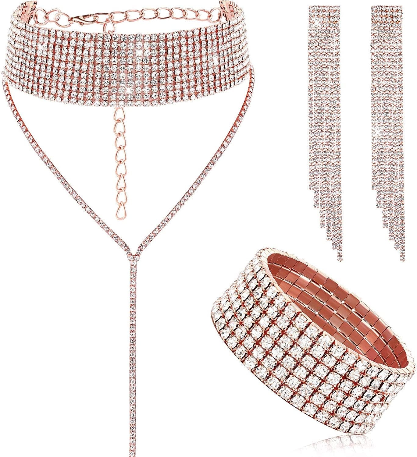 3 Pieces Women Rhinestone Jewelry Set Rhinestone Tassel Choker Necklace Fringe Bracelet Crystal Dangling Earring for Wedding Bridal Party Rose Gold