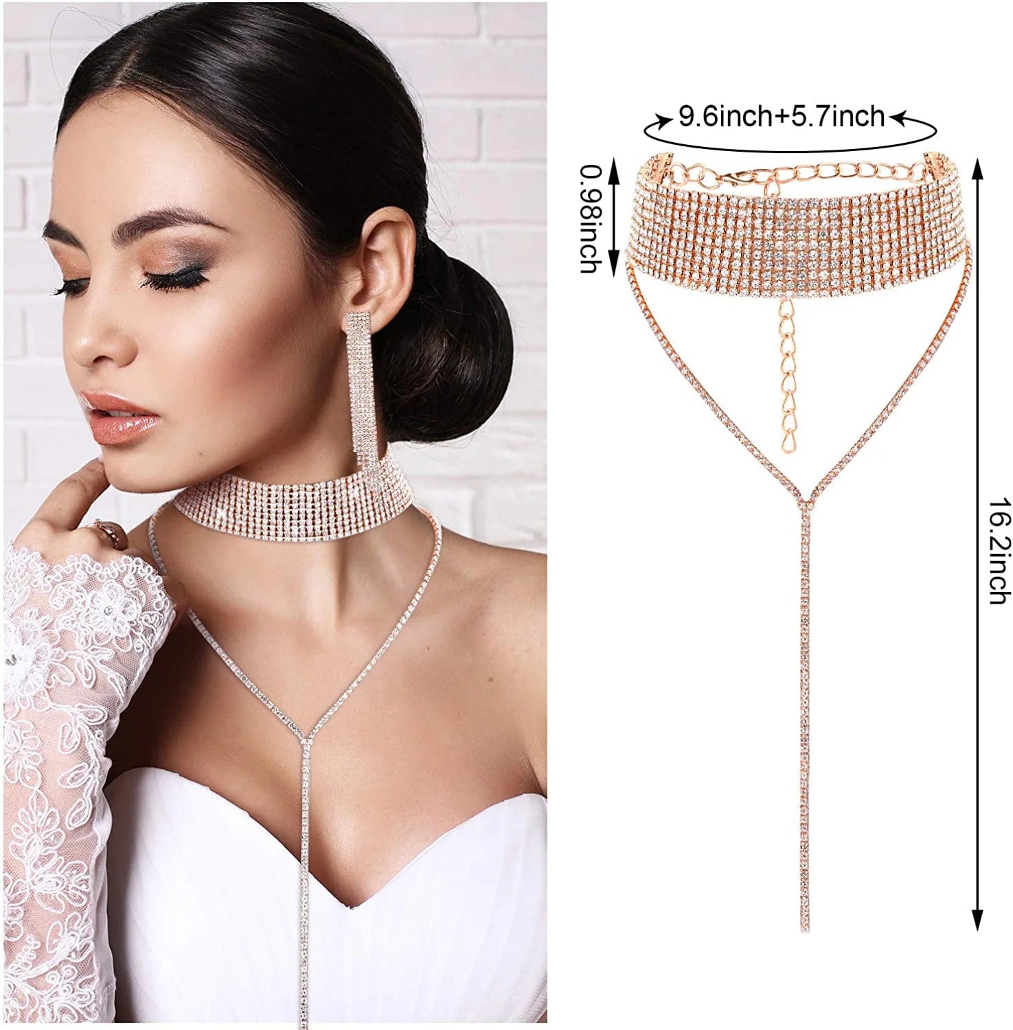 3 Pieces Women Rhinestone Jewelry Set Rhinestone Tassel Choker Necklace Fringe Bracelet Crystal Dangling Earring for Wedding Bridal Party
