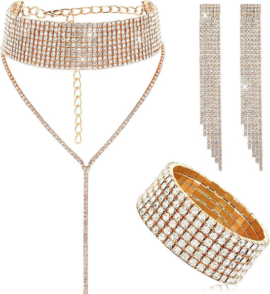 3 Pieces Women Rhinestone Jewelry Set Rhinestone Tassel Choker Necklace Fringe Bracelet Crystal Dangling Earring for Wedding Bridal Party Gold