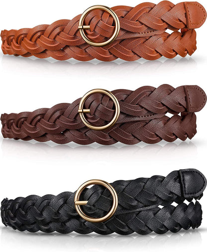 3 Pieces Women'S Braided Leather Belt Skinny Woven Braided Belt O-Ring Buckle Leather Belt for Dress, Jean, Skirt, Pant Apparel & Accessories > Clothing Accessories > Belts SATINIOR Black, Brown, Light Brown  