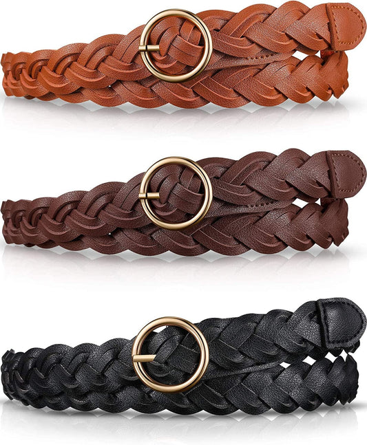 3 Pieces Women'S Braided Leather Belt Skinny Woven Braided Belt O-Ring Buckle Leather Belt for Dress, Jean, Skirt, Pant Apparel & Accessories > Clothing Accessories > Belts SATINIOR Black, Brown, Light Brown  