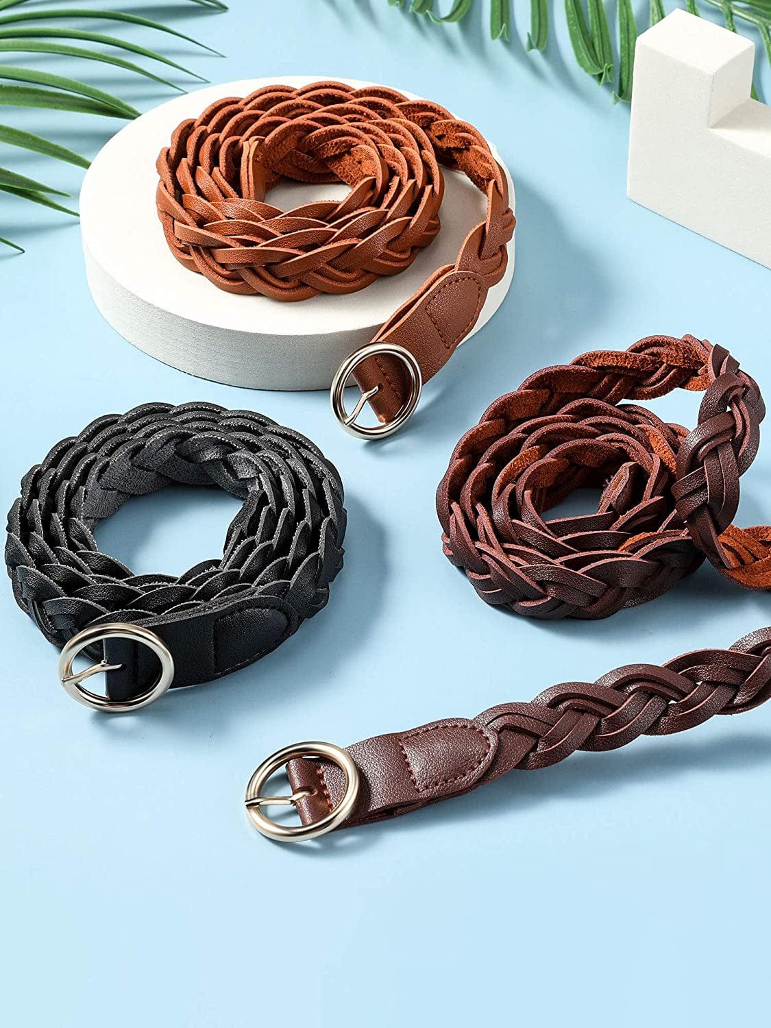3 Pieces Women'S Braided Leather Belt Skinny Woven Braided Belt O-Ring Buckle Leather Belt for Dress, Jean, Skirt, Pant Apparel & Accessories > Clothing Accessories > Belts SATINIOR   
