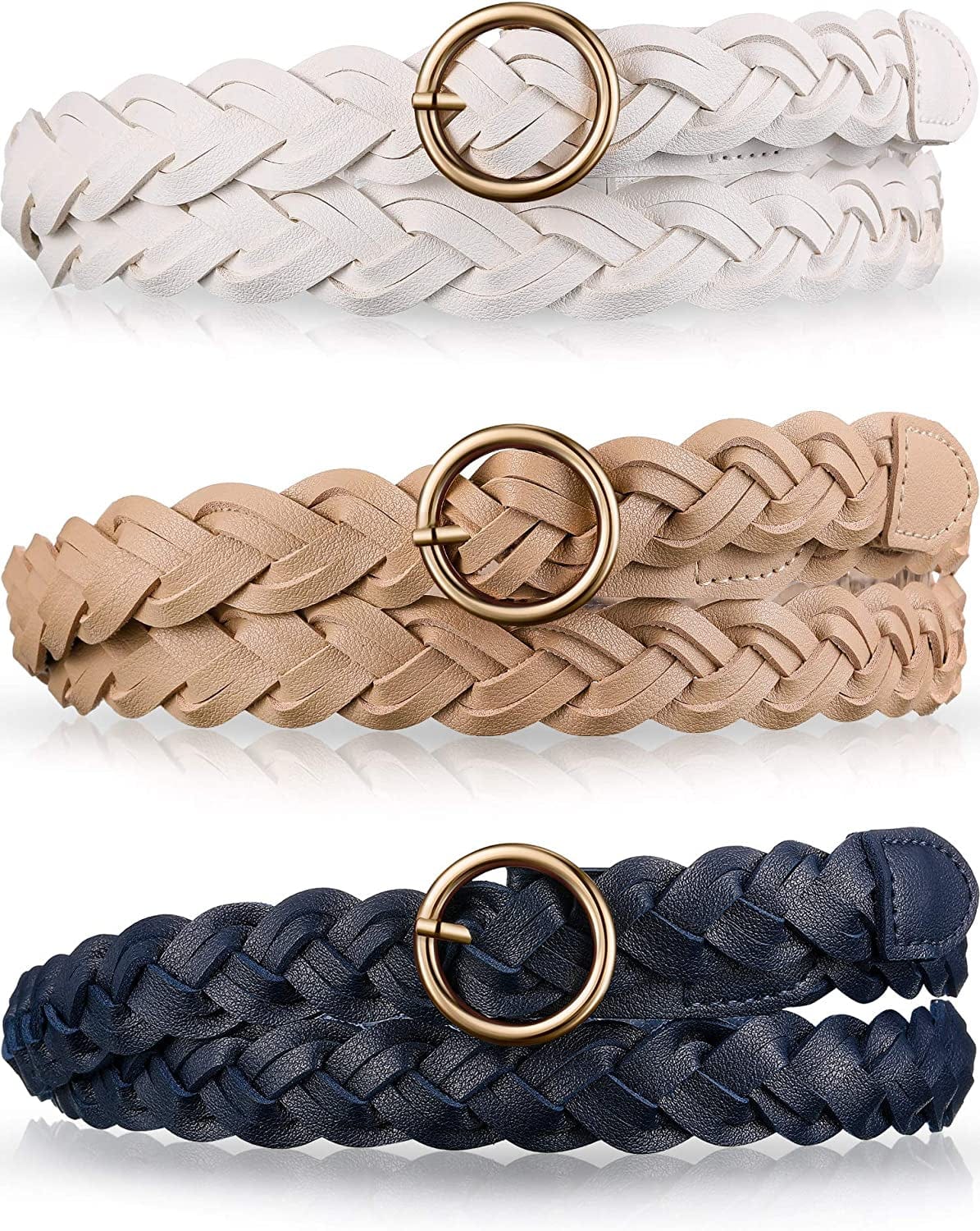 3 Pieces Women'S Braided Leather Belt Skinny Woven Braided Belt O-Ring Buckle Leather Belt for Dress, Jean, Skirt, Pant Apparel & Accessories > Clothing Accessories > Belts SATINIOR Khaki, White, Navy Blue  