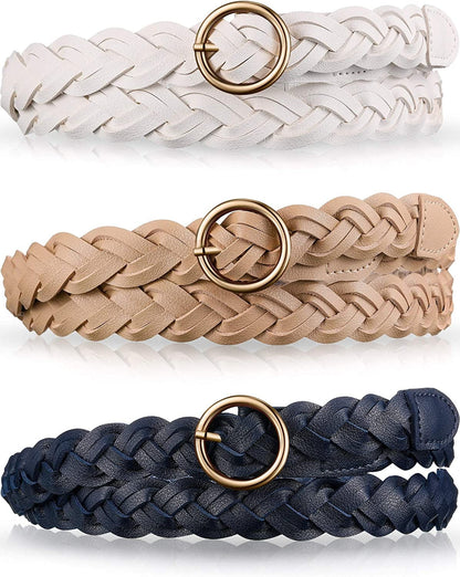 3 Pieces Women'S Braided Leather Belt Skinny Woven Braided Belt O-Ring Buckle Leather Belt for Dress, Jean, Skirt, Pant Apparel & Accessories > Clothing Accessories > Belts SATINIOR Khaki, White, Navy Blue  