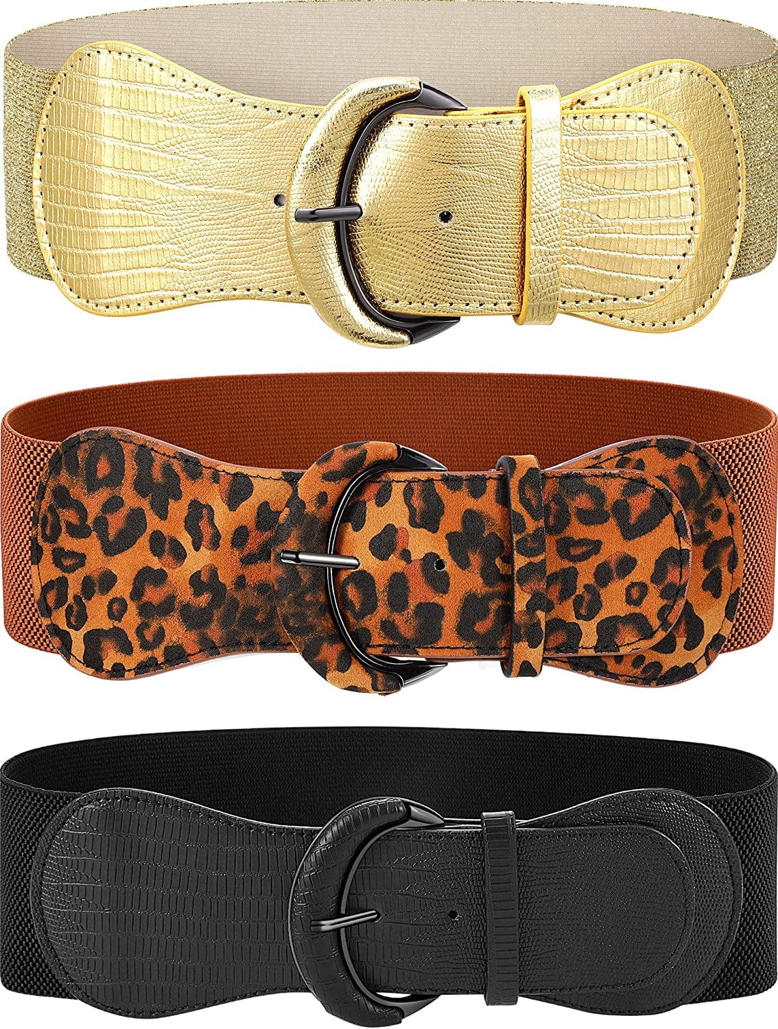 3 Pieces Women Wide Belt for Dresses Women Dress Belt Stretchy Cinch Belt Leather Elastic Belt for Ladies Dress Decoration Apparel & Accessories > Clothing Accessories > Belts SATINIOR Black, Gold, Leopard Medium 