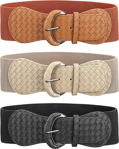 3 Pieces Women Wide Belt for Dresses Women Dress Belt Stretchy Cinch Belt Leather Elastic Belt for Ladies Dress Decoration Apparel & Accessories > Clothing Accessories > Belts SATINIOR Black, Brown, Beige With Plaid Medium 