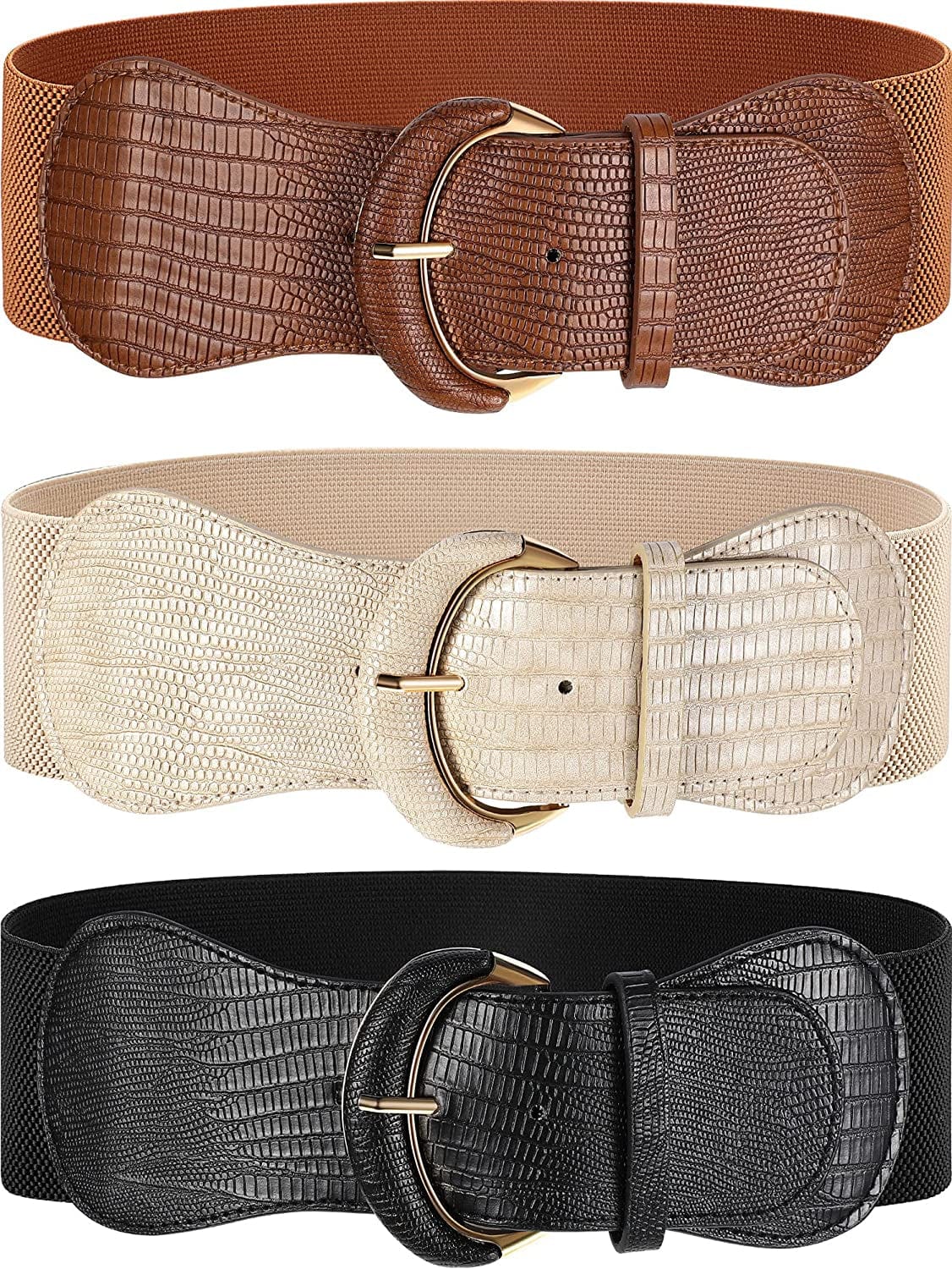 3 Pieces Women Wide Belt for Dresses Women Dress Belt Stretchy Cinch Belt Leather Elastic Belt for Ladies Dress Decoration Apparel & Accessories > Clothing Accessories > Belts SATINIOR Black, Khaki, Beige With Gold Buckle Medium 