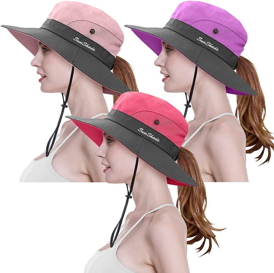 3 Pieces Womens Ponytail Wide Brim Sun Hat Packable UV Protection Beach Cap for Fishing & Hiking Apparel & Accessories > Clothing Accessories > Hats LCZTN Purple＆watermelon Red＆pink  