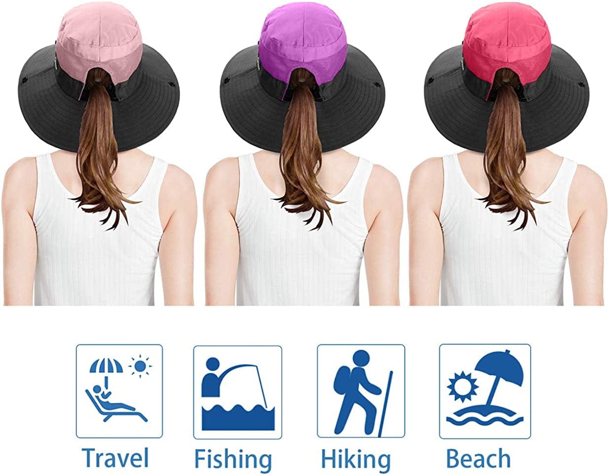 3 Pieces Womens Ponytail Wide Brim Sun Hat Packable UV Protection Beach Cap for Fishing & Hiking Apparel & Accessories > Clothing Accessories > Hats LCZTN   