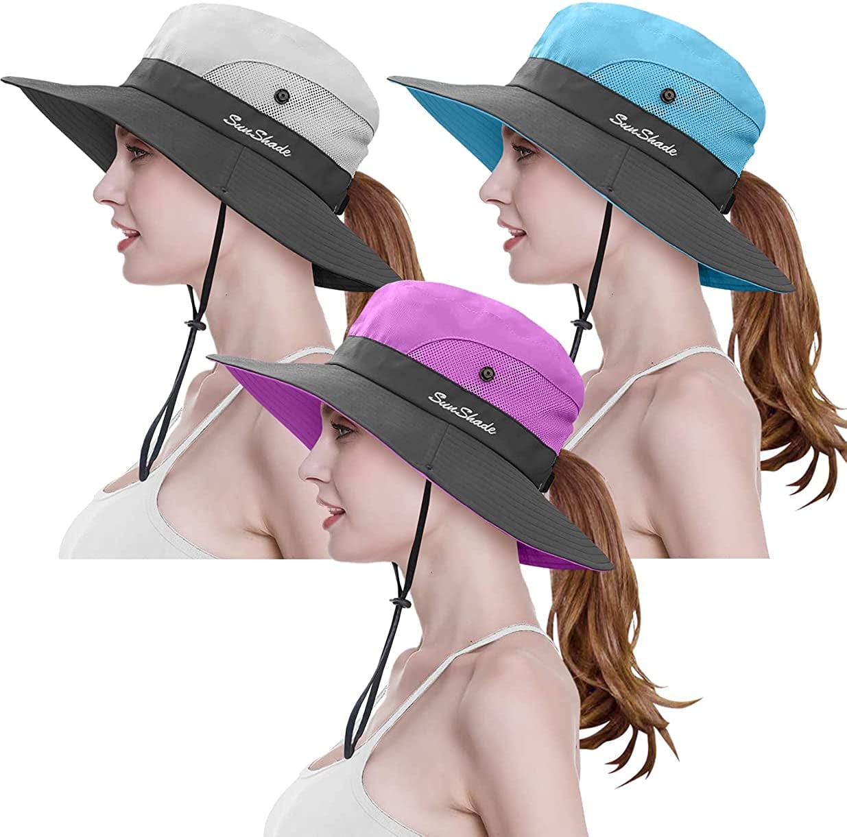 3 Pieces Womens Ponytail Wide Brim Sun Hat Packable UV Protection Beach Cap for Fishing & Hiking Apparel & Accessories > Clothing Accessories > Hats LCZTN Purple＆sky Blue＆beige  