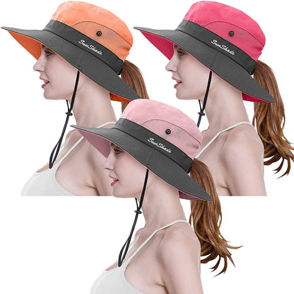 3 Pieces Womens Ponytail Wide Brim Sun Hat Packable UV Protection Beach Cap for Fishing & Hiking Apparel & Accessories > Clothing Accessories > Hats LCZTN Watermelon Red＆pink＆orange  