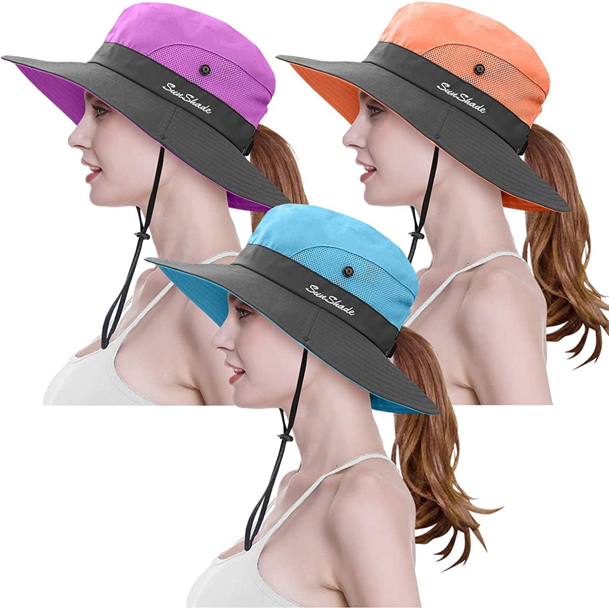 3 Pieces Womens Ponytail Wide Brim Sun Hat Packable UV Protection Beach Cap for Fishing & Hiking Apparel & Accessories > Clothing Accessories > Hats LCZTN Purple＆orange＆sky Blue  