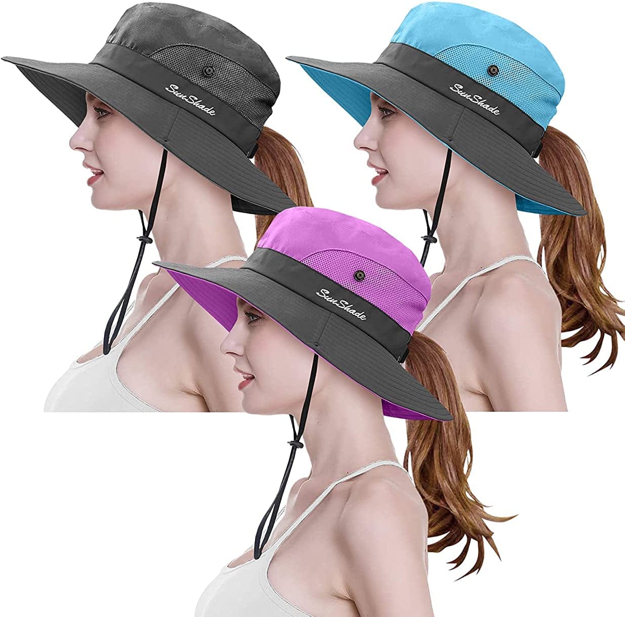 3 Pieces Womens Ponytail Wide Brim Sun Hat Packable UV Protection Beach Cap for Fishing & Hiking Apparel & Accessories > Clothing Accessories > Hats LCZTN Purple＆sky Blue＆gray  