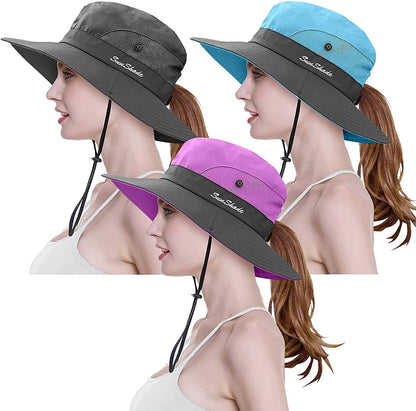 3 Pieces Womens Ponytail Wide Brim Sun Hat Packable UV Protection Beach Cap for Fishing & Hiking Apparel & Accessories > Clothing Accessories > Hats LCZTN Purple＆sky Blue＆gray  