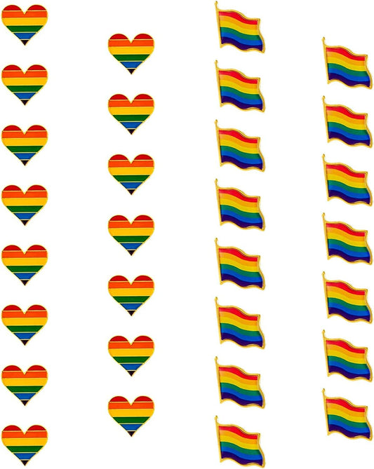 30 Pcs Gay Pride Rainbow Enamel Lapel Pin Set- 15Pcs Rainbow Gay Pride Flag LGBTQ Lapel Pin+ 15Pcs LGBTQ Gay Heart Flag Pride Pins Decoration for Men Women Clothes and Bags