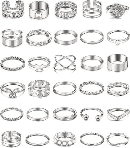 30 Pcs Vintage Gold Knuckle Rings Set, Boho Butterfly Snake Stackable Finger Rings for Women Girls, Silver Midi Rings Pack Silver pearl butterfly