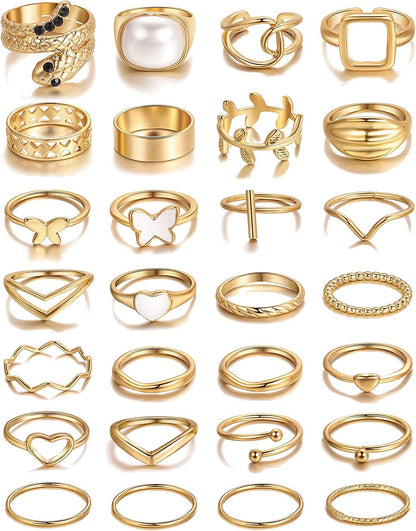 30 Pcs Vintage Gold Knuckle Rings Set, Boho Butterfly Snake Stackable Finger Rings for Women Girls, Silver Midi Rings Pack Gold simple rings