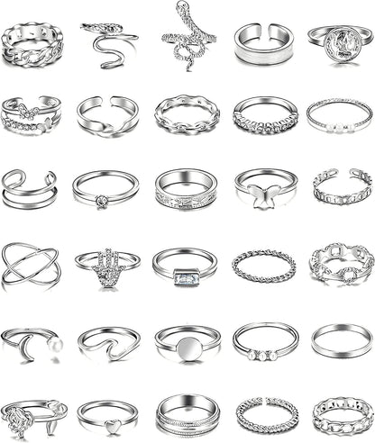 30 Pcs Vintage Gold Knuckle Rings Set, Boho Butterfly Snake Stackable Finger Rings for Women Girls, Silver Midi Rings Pack Silver snake flower