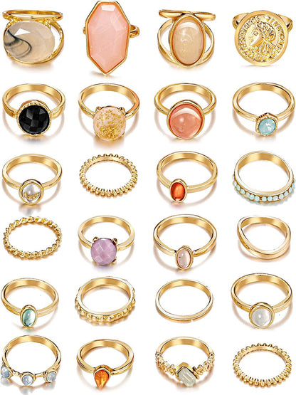 30 Pcs Vintage Gold Knuckle Rings Set, Boho Butterfly Snake Stackable Finger Rings for Women Girls, Silver Midi Rings Pack Gold gem 24 pcs