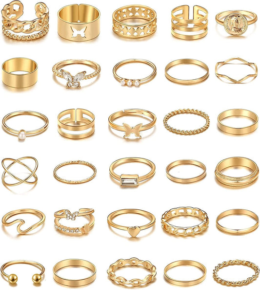 30 Pcs Vintage Gold Knuckle Rings Set, Boho Butterfly Snake Stackable Finger Rings for Women Girls, Silver Midi Rings Pack Gold wave butterfly