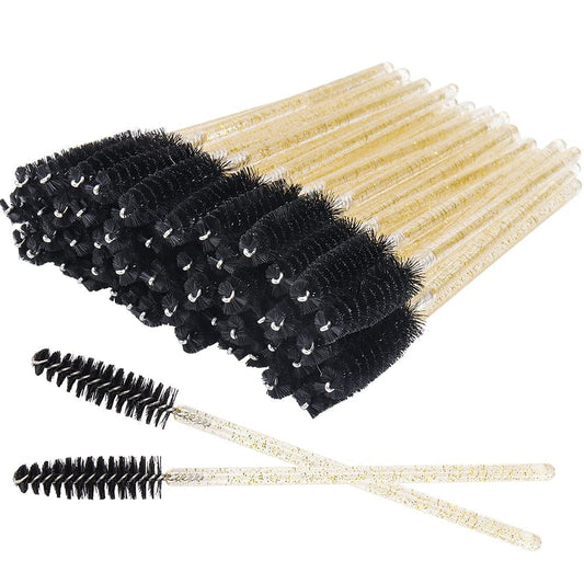 300 Pack Glitter Mascara Wands Disposable Eyelash Spoolie Brushes Makeup Applicator Eyelash Extension Tool Kit, Crystal Gold Handle Black Brush Head Health & Beauty > Personal Care > Cosmetics > Cosmetic Tools > Makeup Tools Mekupeu Black  